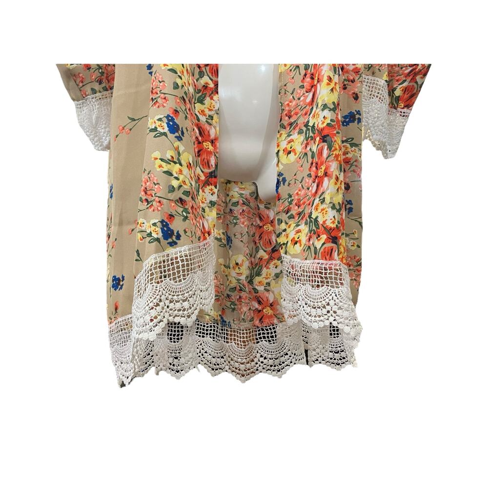 Relipop Women's Tan Floral Print Open-Front Duster/Kimono/Wrap/Coverup | Size M - Picture 7 of 12